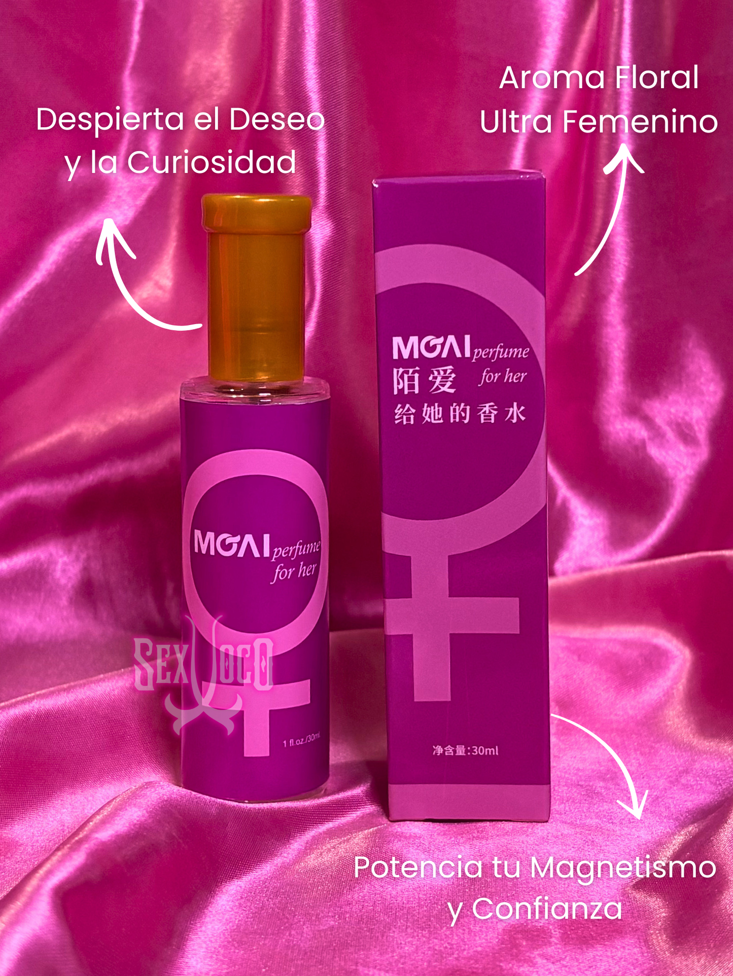 Botella y caja rosa de perfume de feromonas MGAL for Her sobre fondo de satén rosa neón.