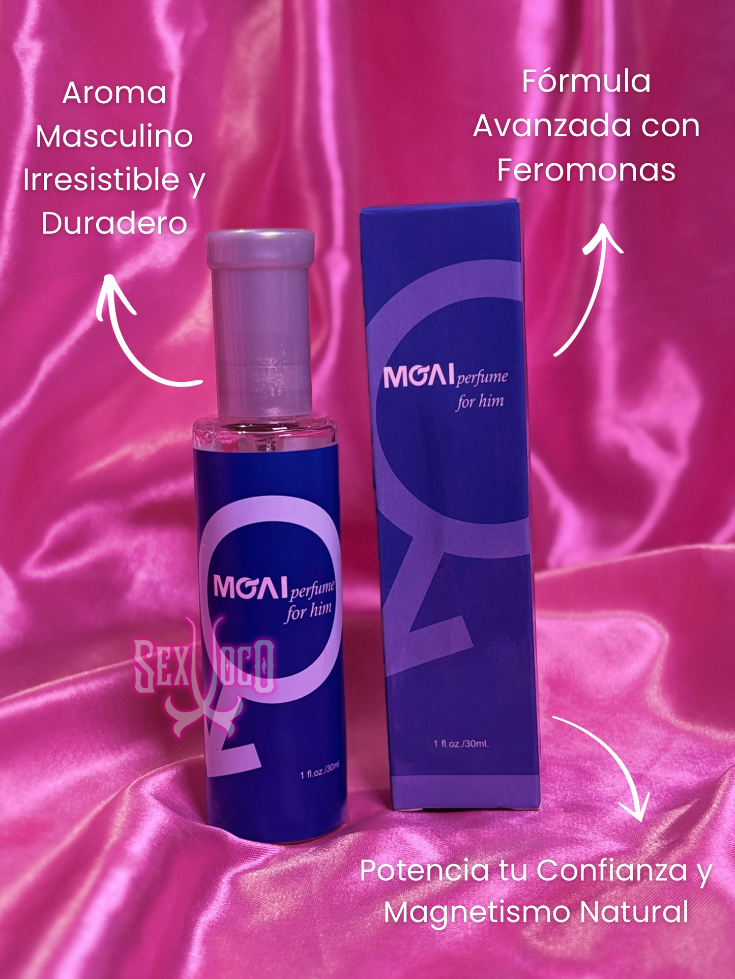 Botella y caja azul de perfume de feromonas MGAL for Him sobre fondo de satén rosa neón Sex Shop Xoco.