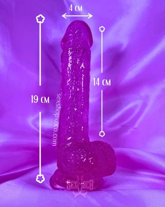 Dildo con Glitter Morado | 19 cm con ventosa y textura realista