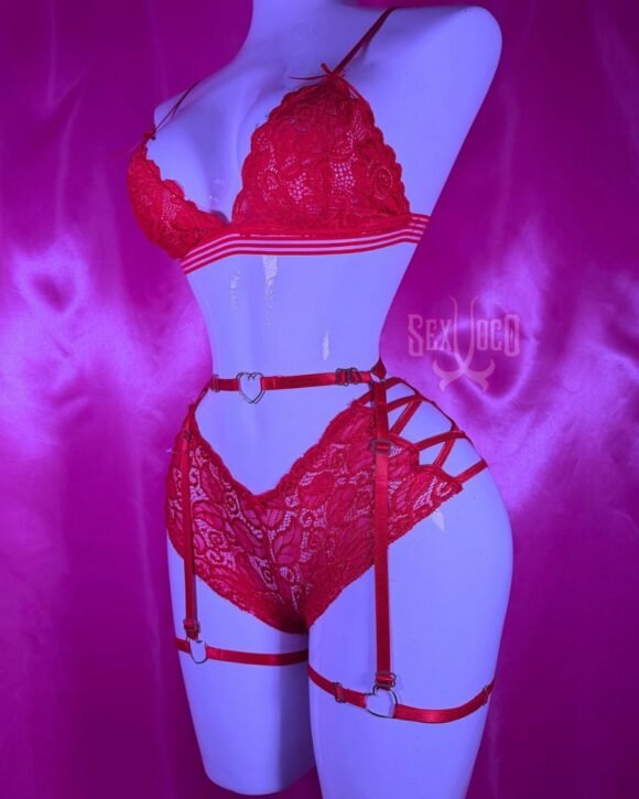 Crisna Conjunto de Lencería Roja de Encaje | Sujetador + Panty + Liguero con Corazones