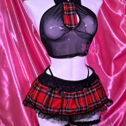 Colegiala Black | Top de Malla + Falda Escocesa + Ligas